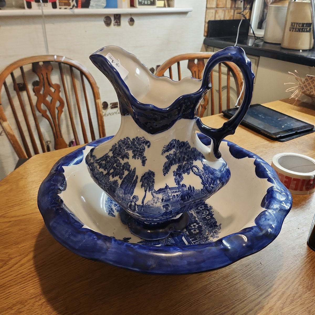 Victorian rare Staffordshire blue and white jug and Bowl