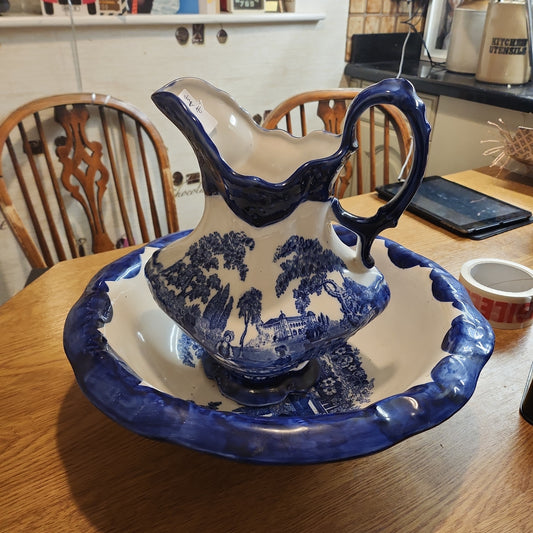 Victorian rare Staffordshire blue and white jug and Bowl