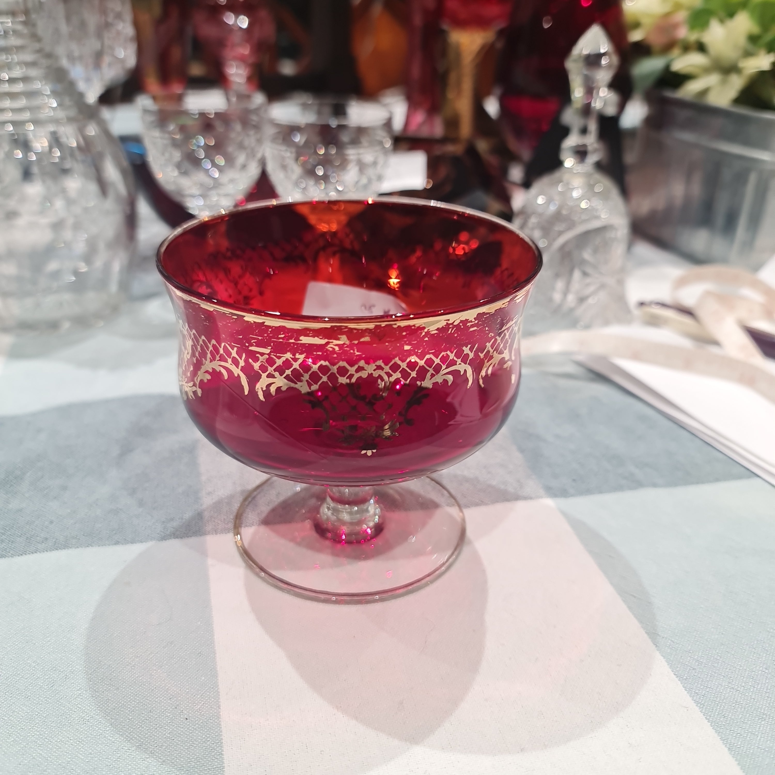 Rare Ruby and Gold 1950's Hand Blown crystal Glass Trifle Compote
