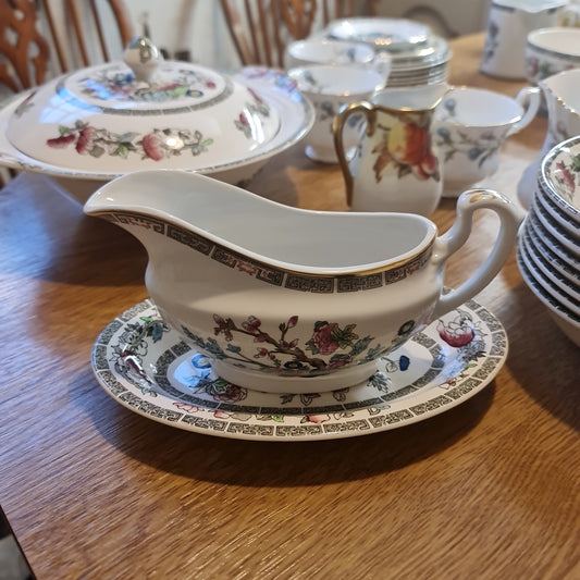 Churchill Indian Tree gravy bowl with johnson brother saucer