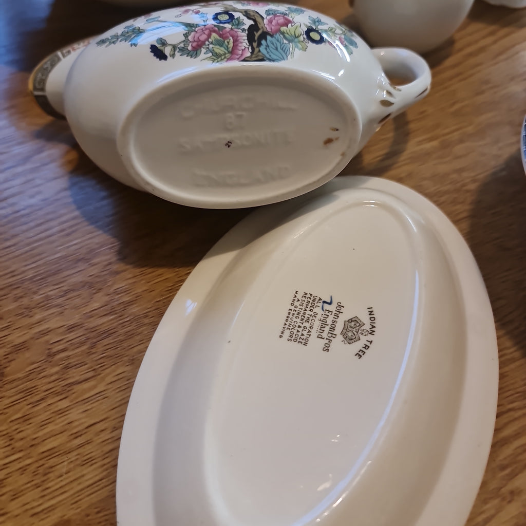 Churchill Indian Tree gravy bowl with johnson brother saucer