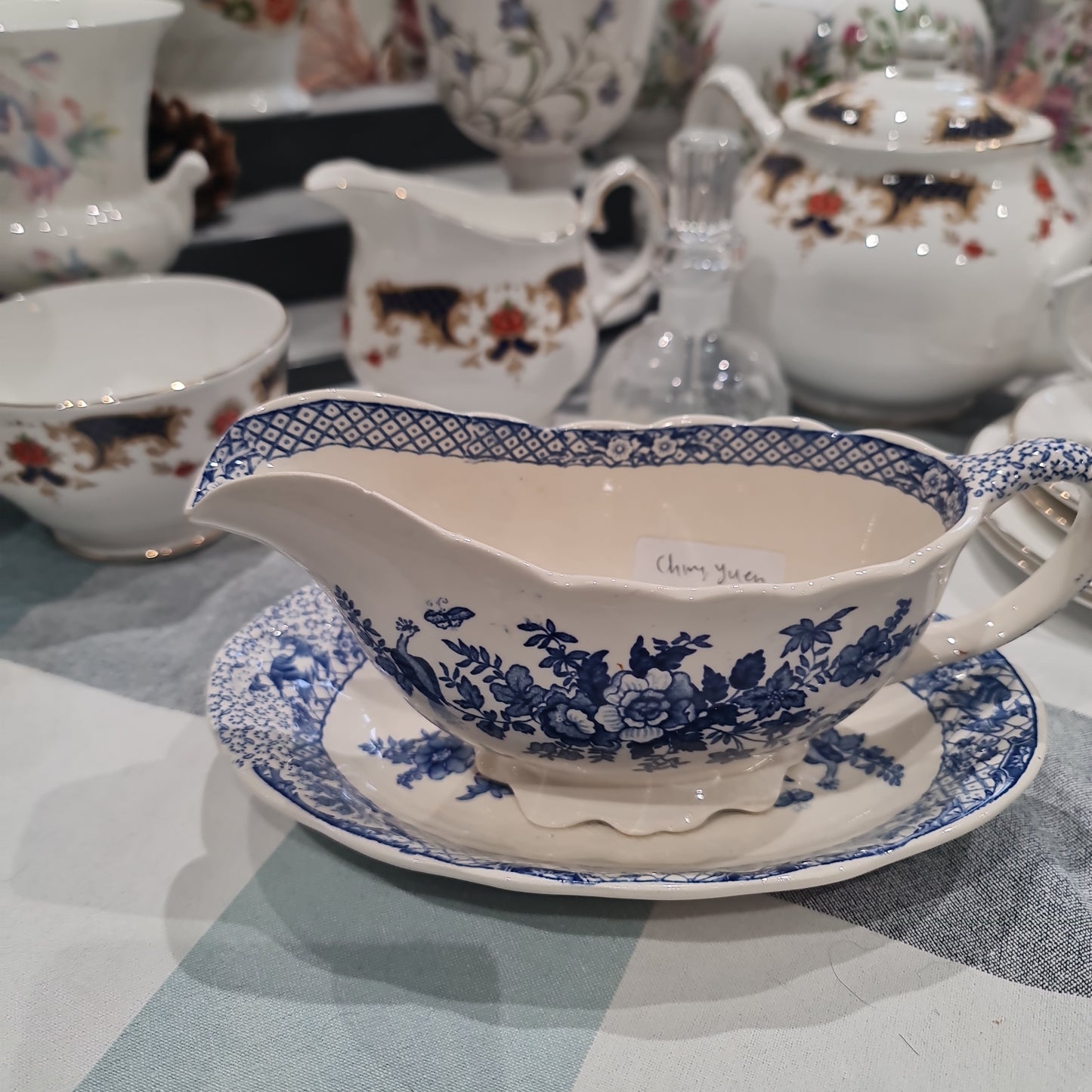 Mason blue and white sauce boat with saucer