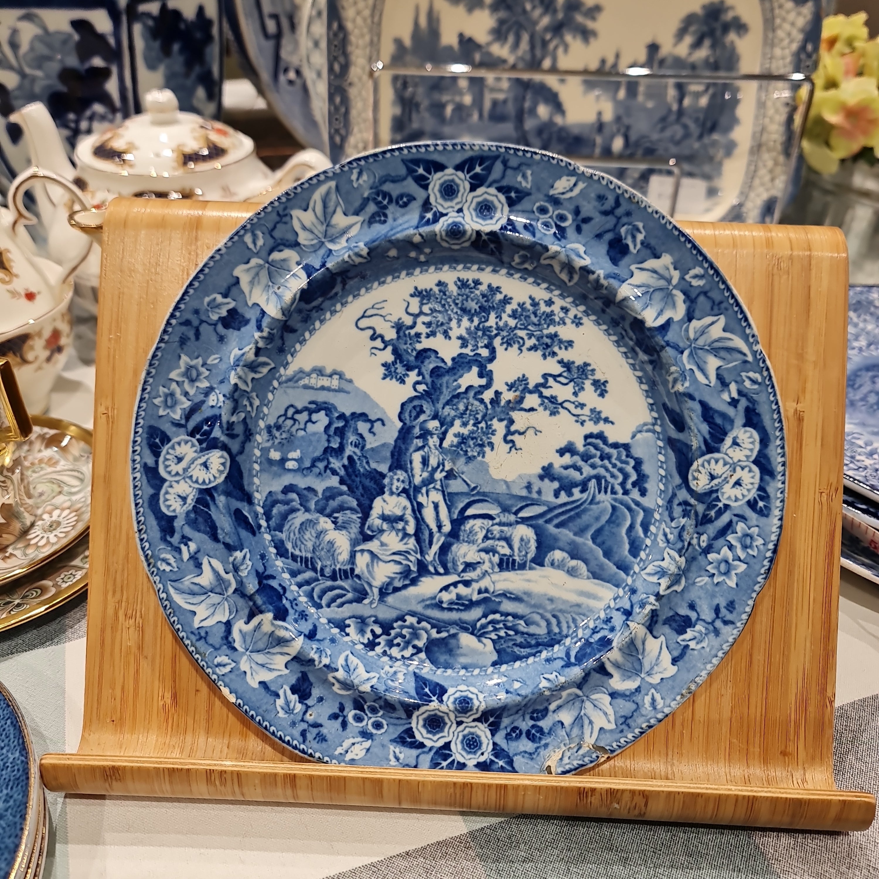 Staffordshire Transferware Dinner Plate, Piping Shepherd, c.1820-With repair