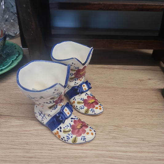 A Pair of vintage handpainted porcelain boot