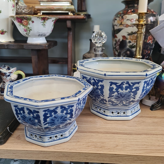 A Pair of vintage blue and white plant pot - one with minor chip on rim