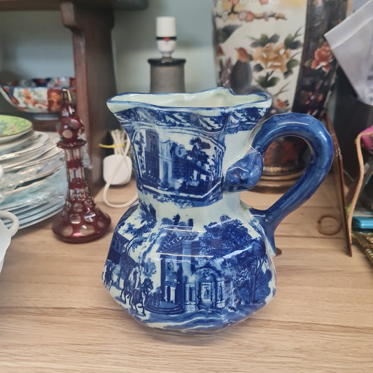 Ironstone blue and white jug 16 cm tall