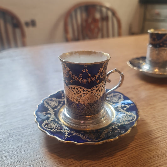 19th century Aynsley Demitasse cup and saucer with silver plated holder - 1 cup with minor crazing