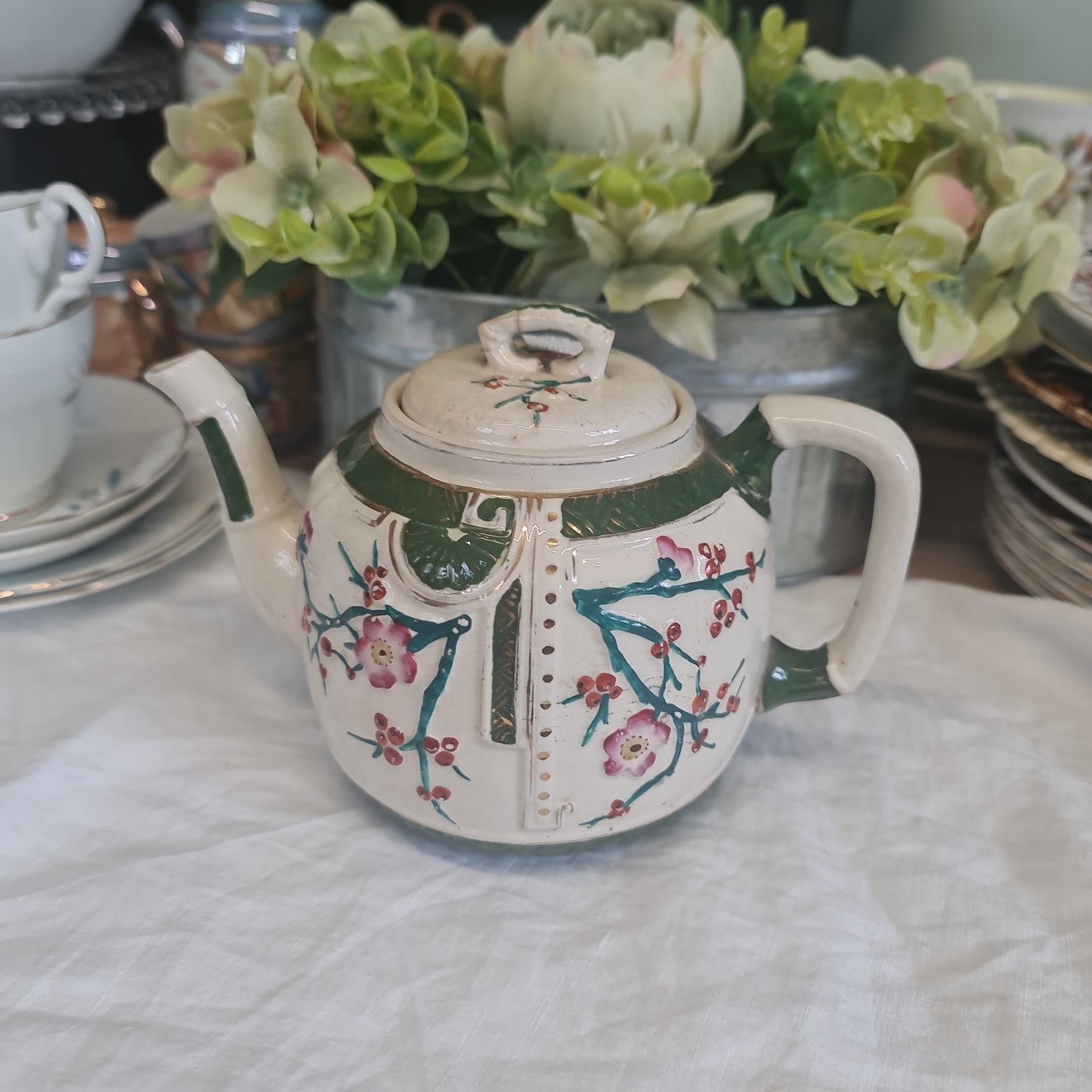 Antique Majolica tea pot with defect