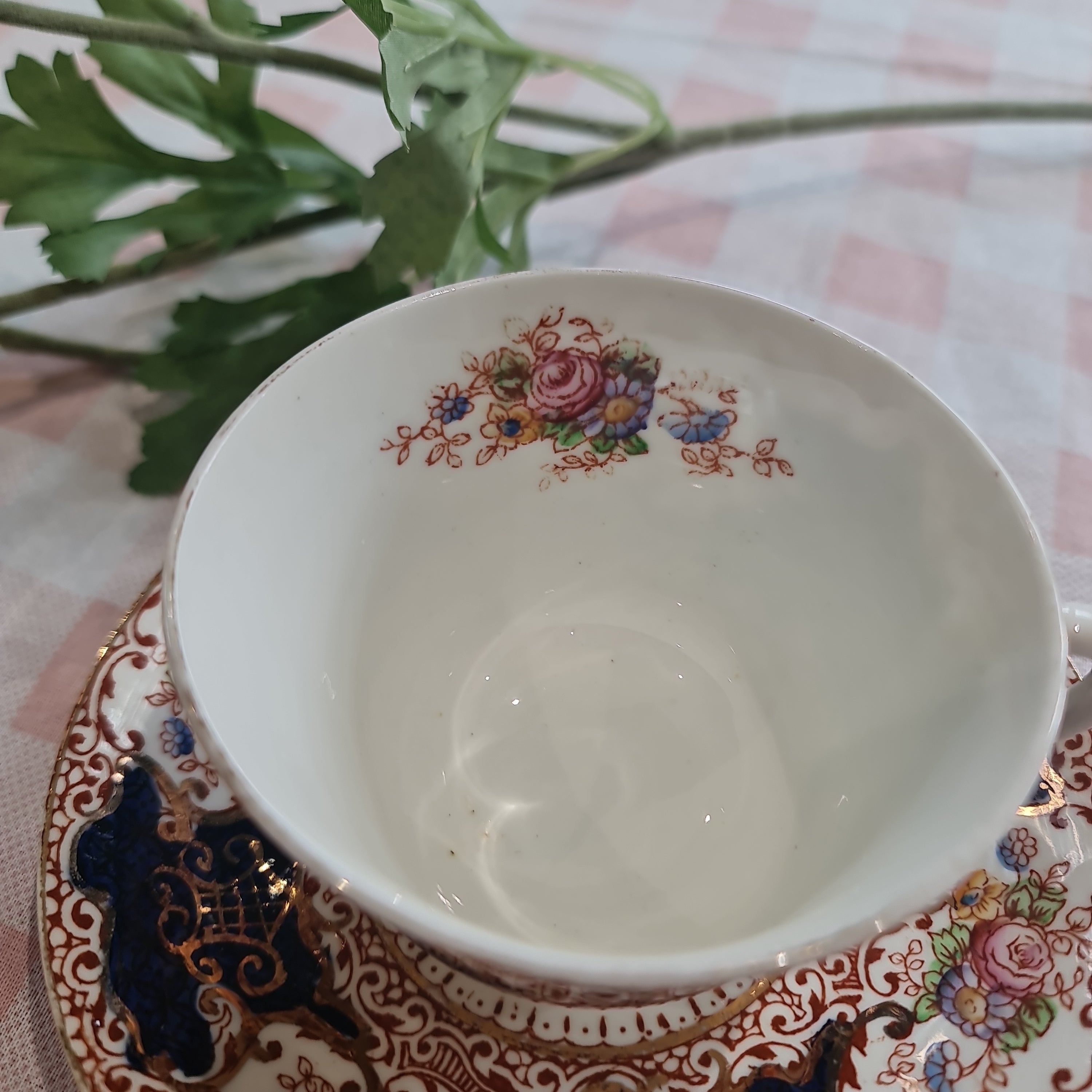 Salisbury Royal York England Cobalt Blue Floral Imari Bone China Teacup + Saucer.