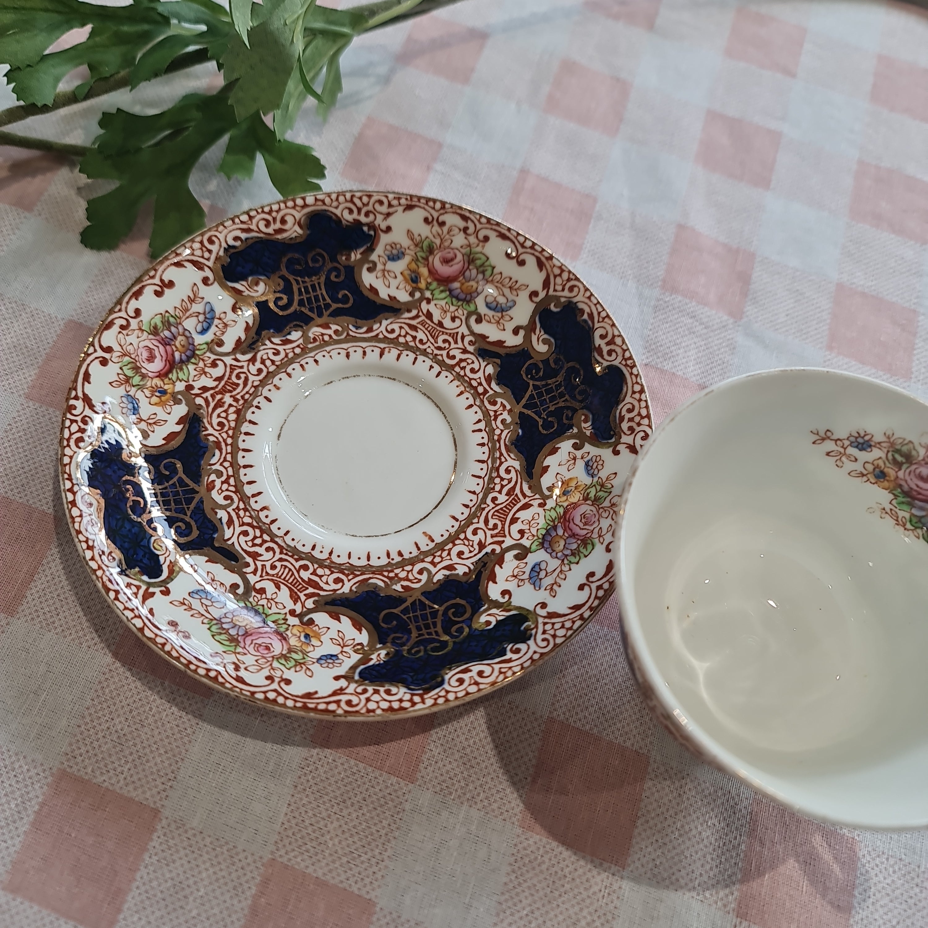 Salisbury Royal York England Cobalt Blue Floral Imari Bone China Teacup + Saucer.