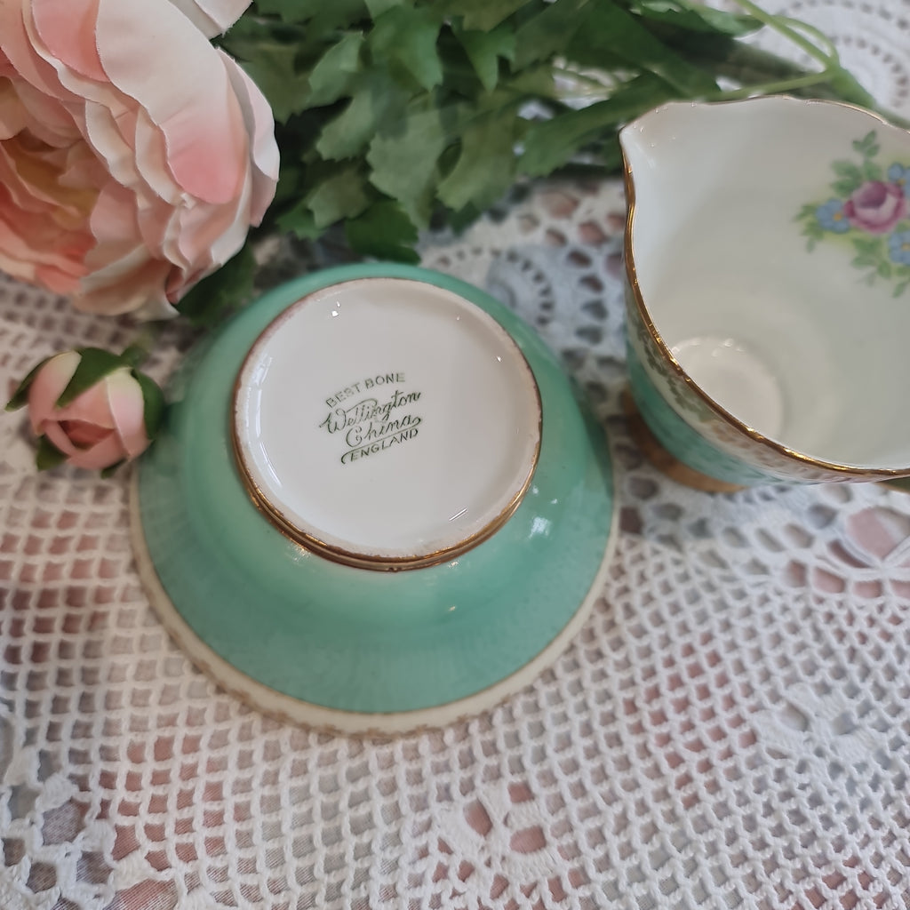 Dainty Wellington vintage fine bone china green milk jug abd sugar bowl