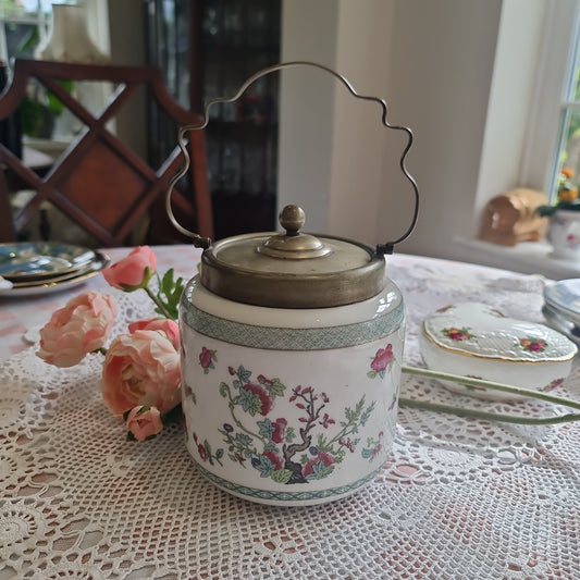 Rare 19th century biscuit barrel with Indian tree transfer print