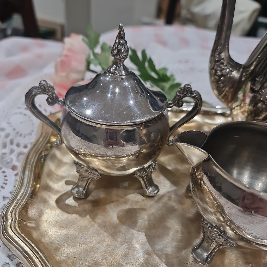 Vintage pewter tea pot , mill jug , sugar bowl and serving tray