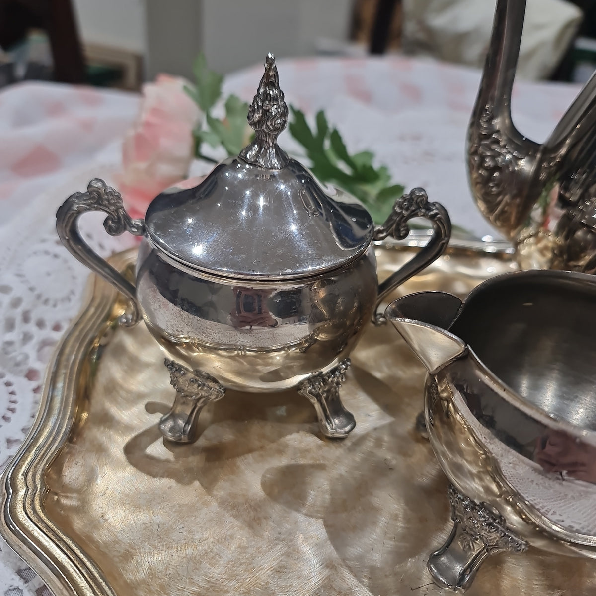 Vintage pewter tea pot , mill jug , sugar bowl and serving tray