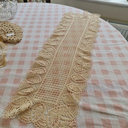Lovely hand crochet table runner beige