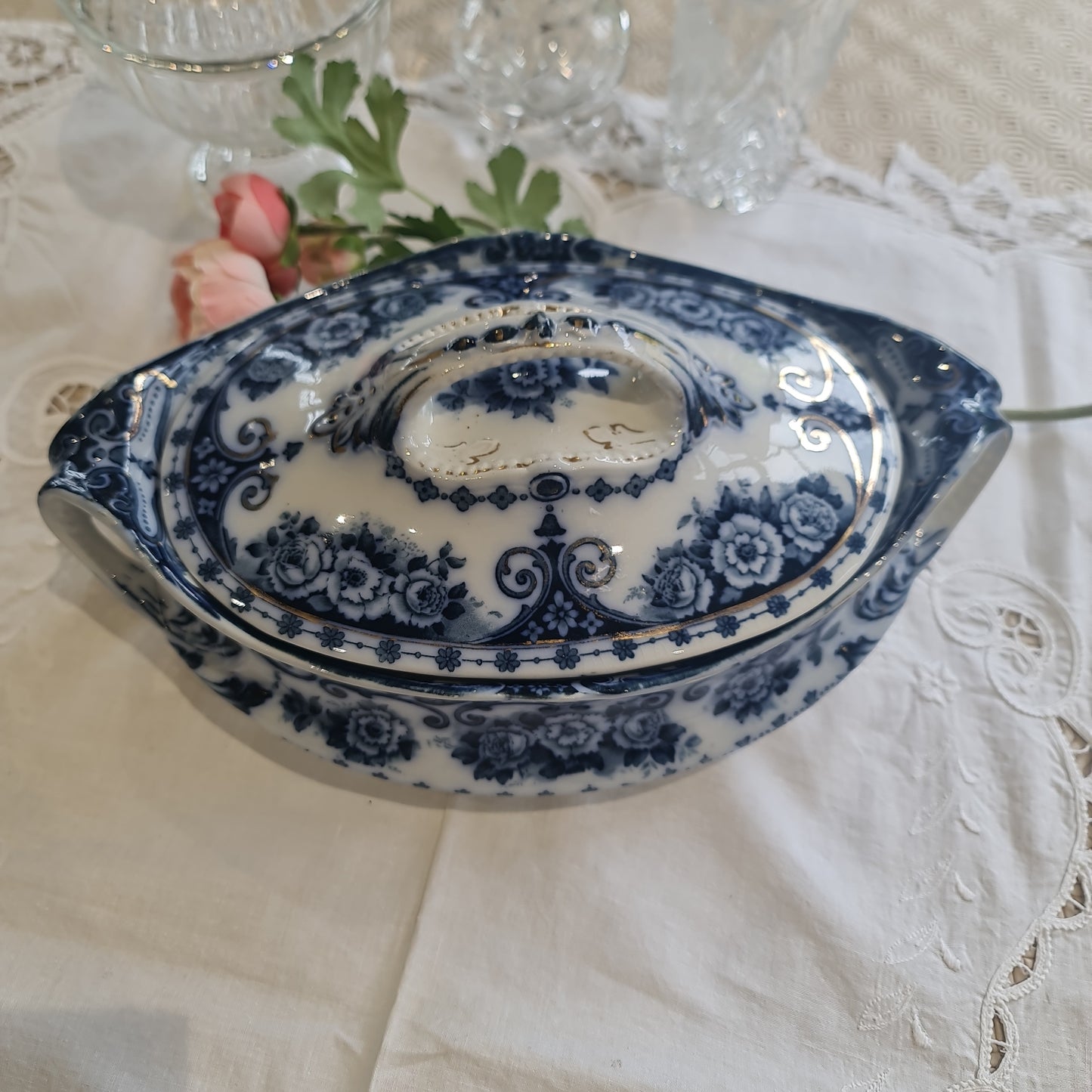 Vintage Beautiful flow blue  tureen