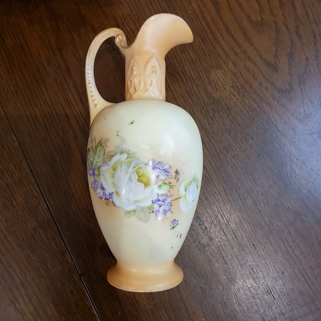 Antique Hand-Painted Pitcher Style Vase with Raised handle