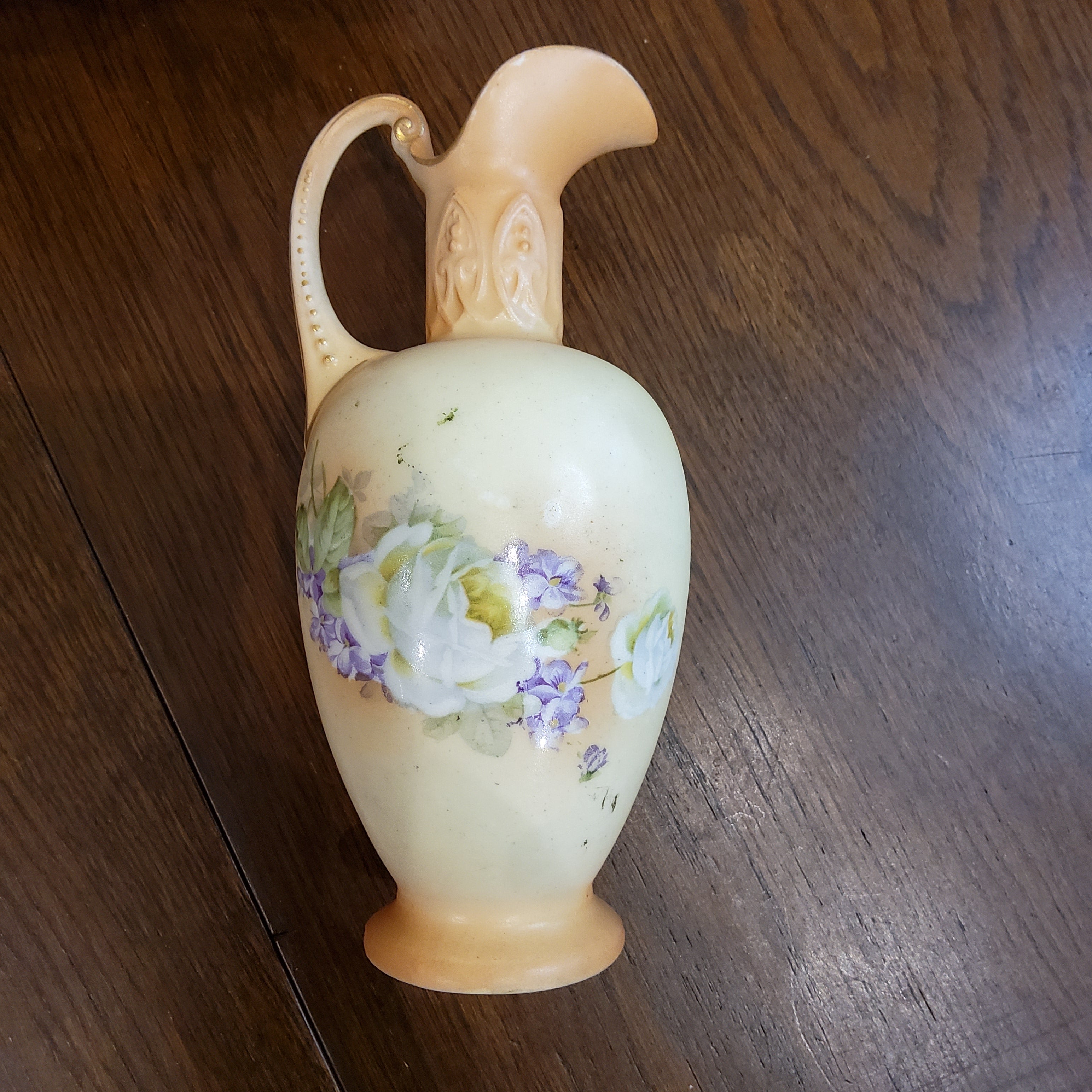 Antique Hand-Painted Pitcher Style Vase with Raised handle