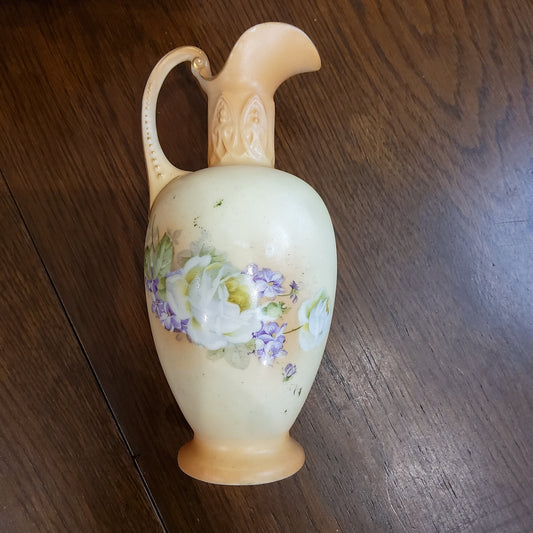 Antique Hand-Painted Pitcher Style Vase with Raised handle