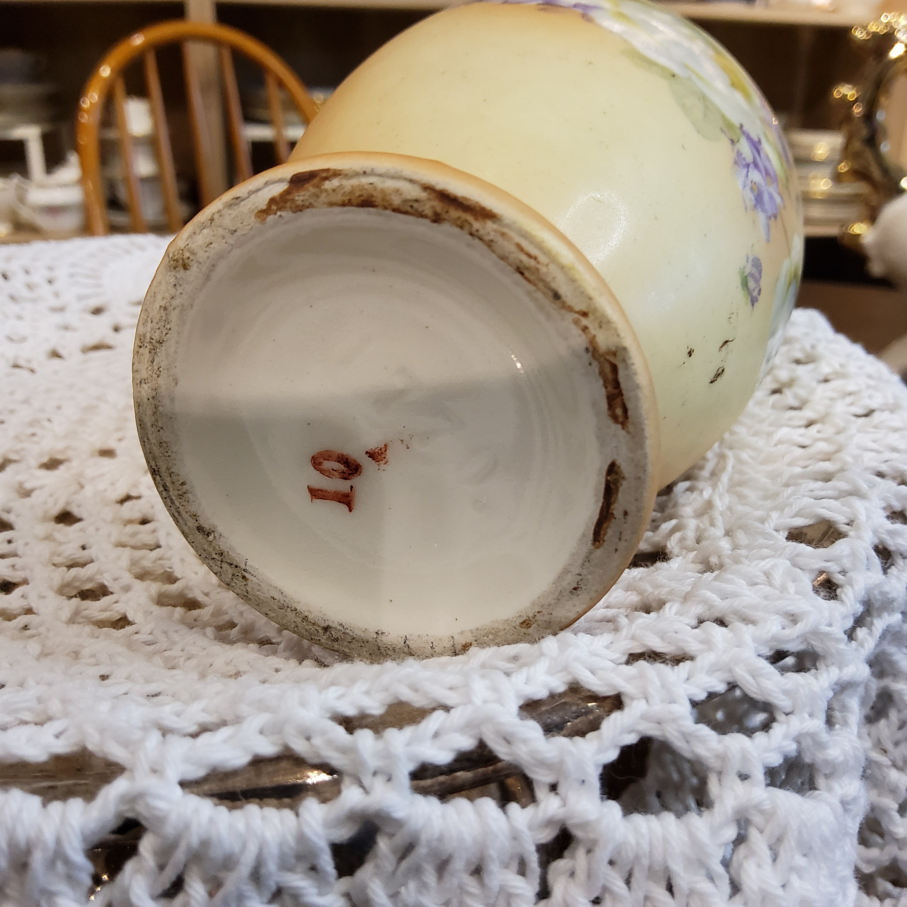 Antique Hand-Painted Pitcher Style Vase with Raised handle
