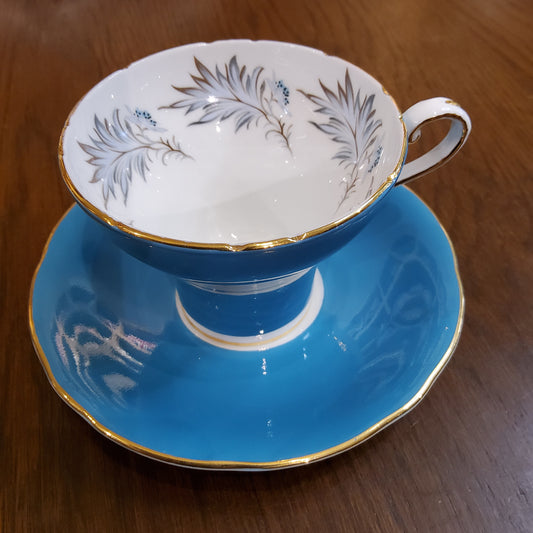 Aynsley Bone China Tea Cup & Saucer (Turquoise & Silver Leaf Design)