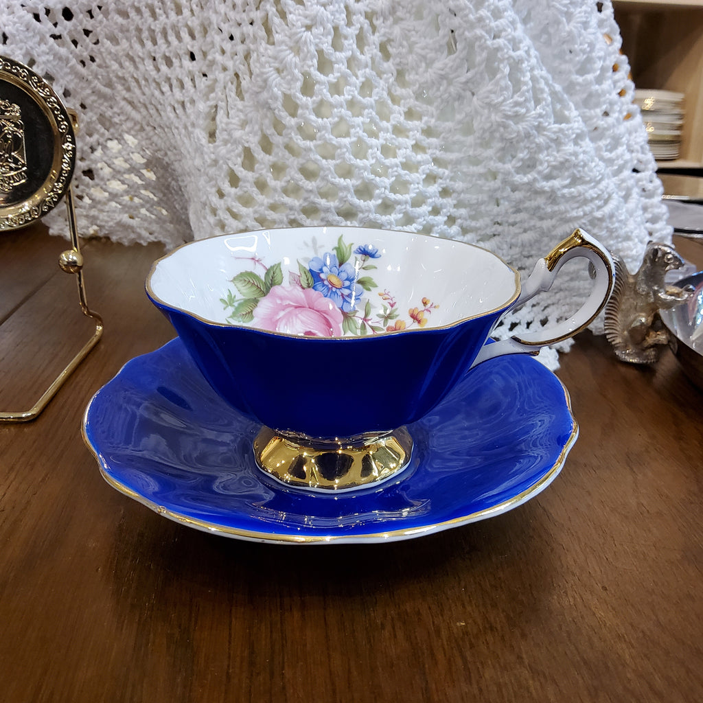 Queen Anne Bone China Tea Cup & Saucer - Royal Blue with Mixed Florals