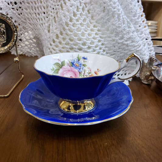 Queen Anne Bone China Tea Cup & Saucer - Royal Blue with Mixed Florals