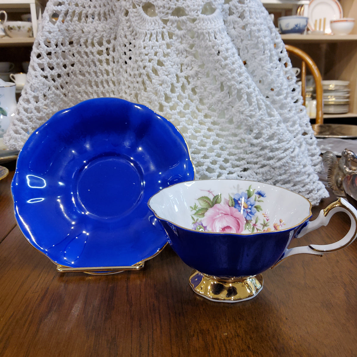 Queen Anne Bone China Tea Cup & Saucer - Royal Blue with Mixed Florals