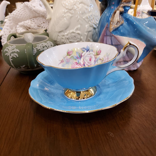 Queen Anne Bone China tea Cup & Saucer - Turquoise with pink rise bouquet