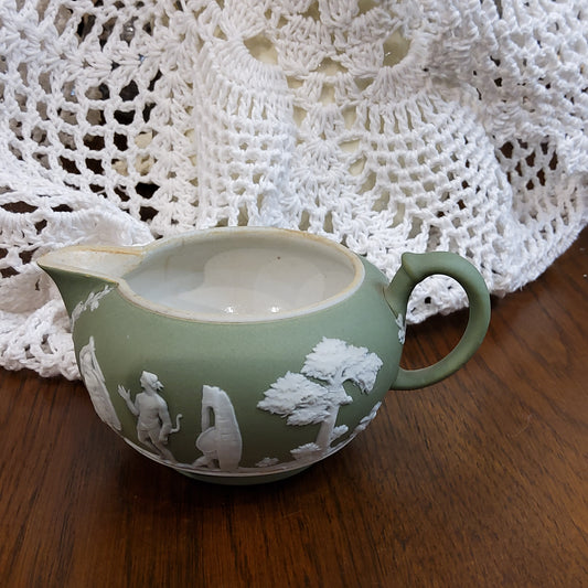 Jasperware Cream Jug - Sage Green with Classical Relief (12.5cm (L) X 9cm (W) x 6cm (H))