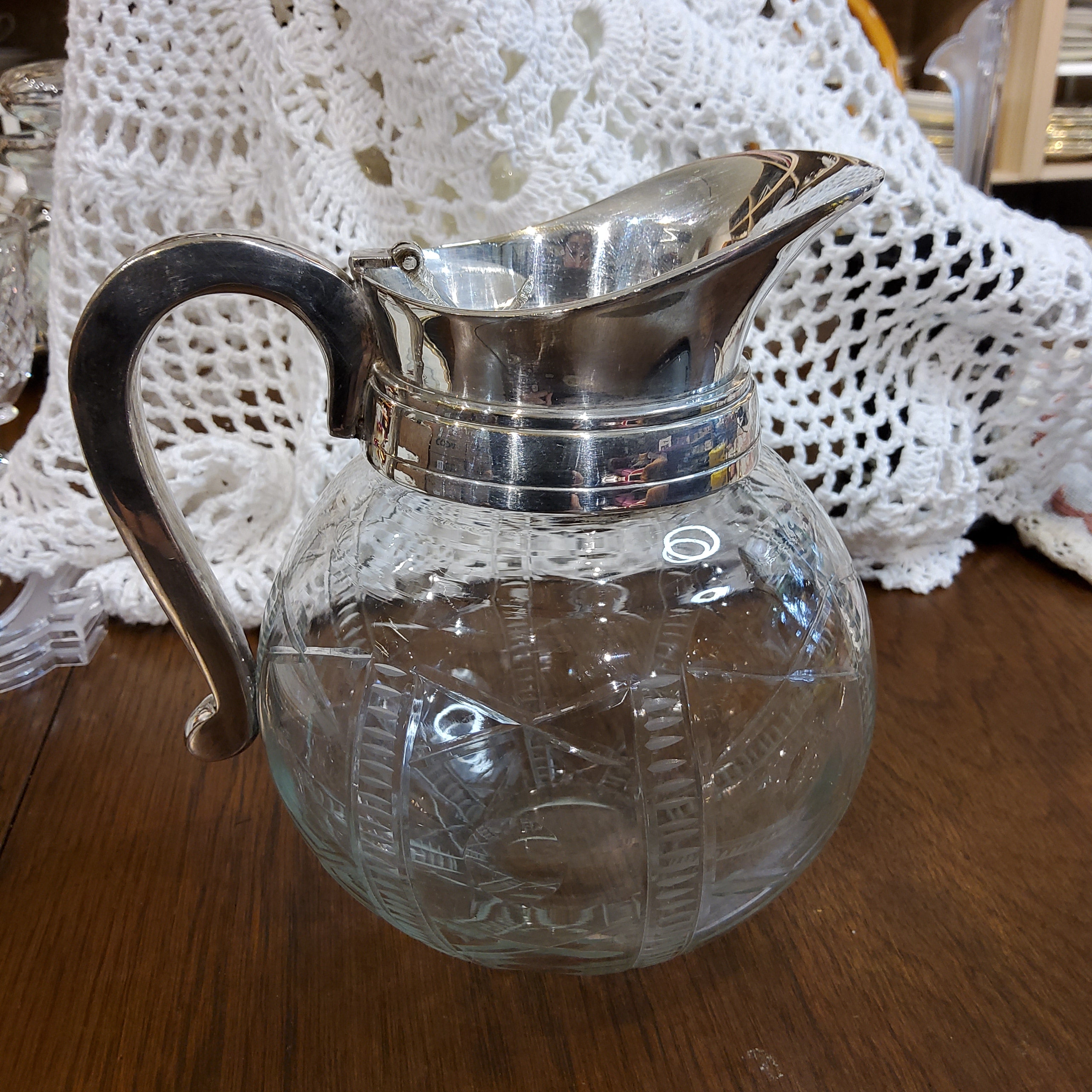 Vintage Silver-plated & Cut Glass Jug - Ball Shape Design