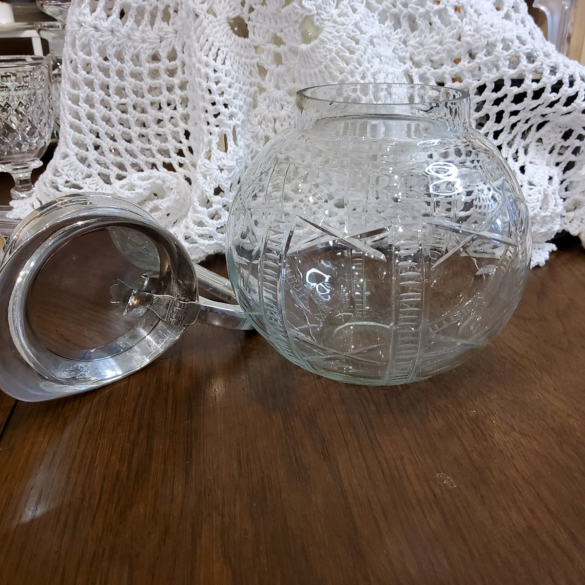 Vintage Silver-plated & Cut Glass Jug - Ball Shape Design