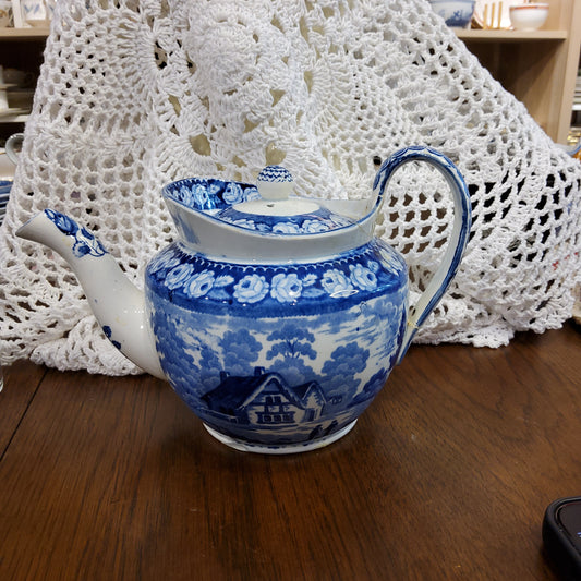 1860s Victorian Museum Quality Blue and White Earthenware Boat Shaped Teapot Made in England- damaged repaired at the base of tea pot