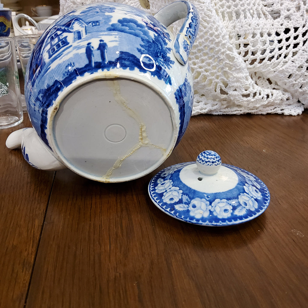 Antique 1860s Victorian Museum Quality Blue & White Earthenware Boat Shaped Teapot - Made in England