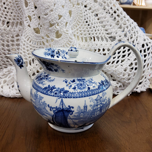 1850s Victorian Museum Quality Blue and White Earthenware Boat Shaped Teapot Made in England- minor nip on the inside rim of tea pot