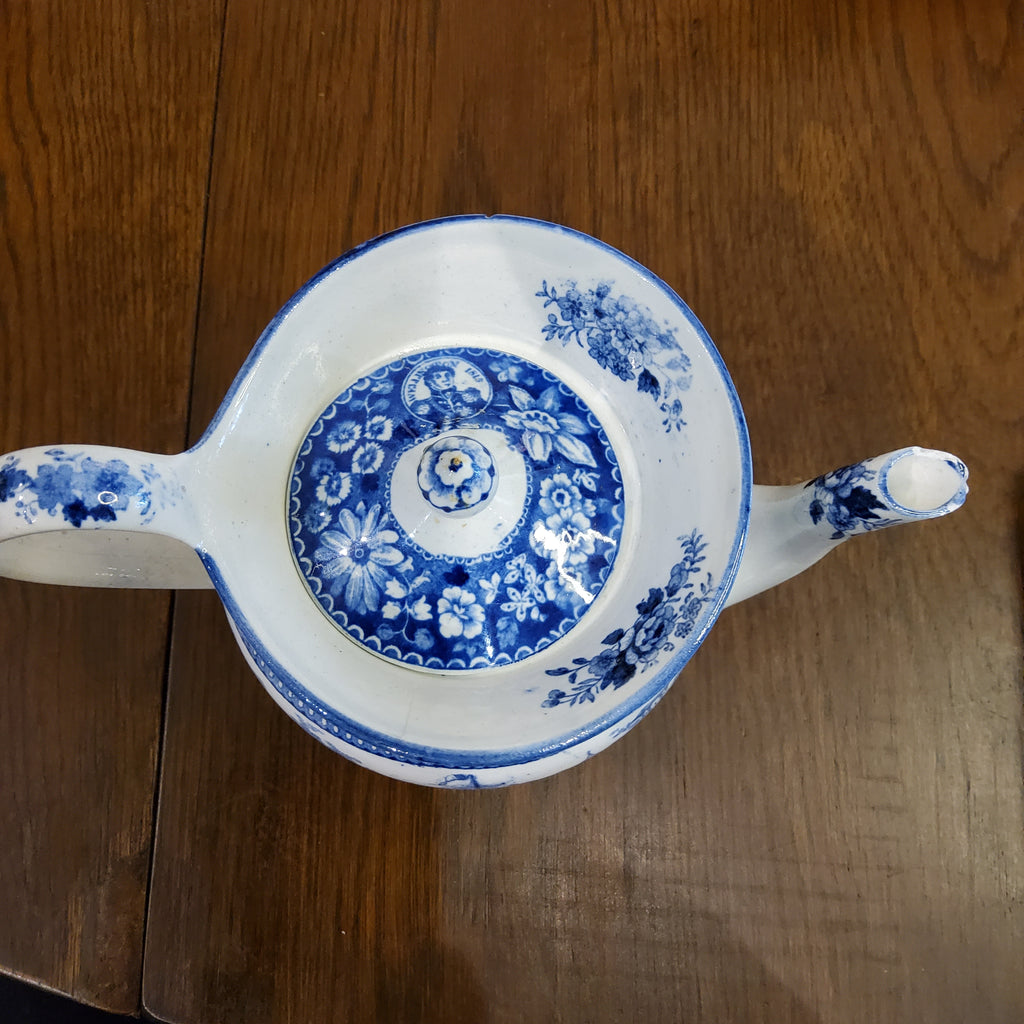 Antique 1850s Victorian Museum Quality Blue & White Earthenware Boat Shaped Teapot - Made in England