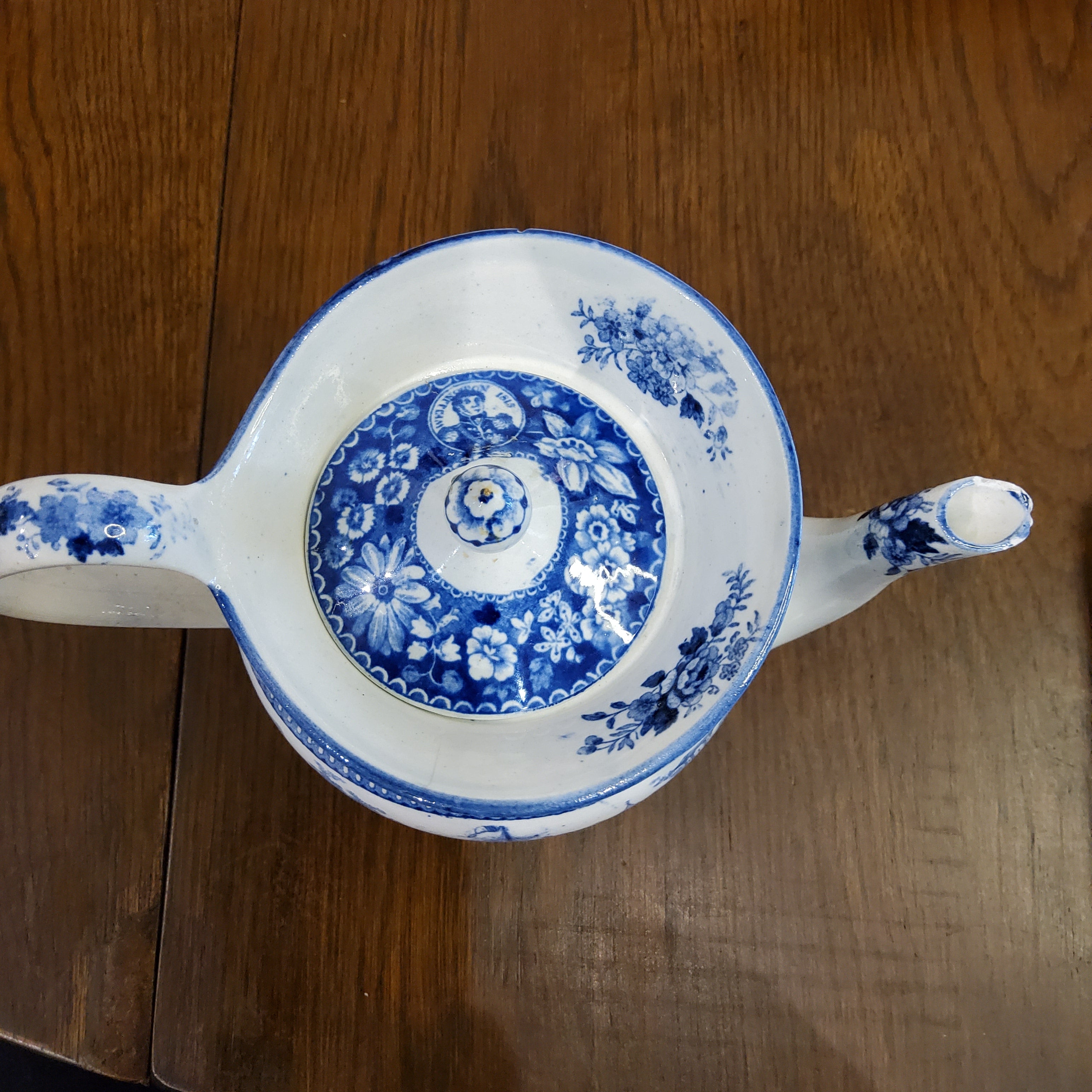 Antique 1850s Victorian Museum Quality Blue & White Earthenware Boat Shaped Teapot - Made in England