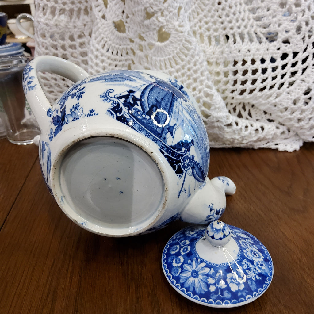 Antique 1850s Victorian Museum Quality Blue & White Earthenware Boat Shaped Teapot - Made in England