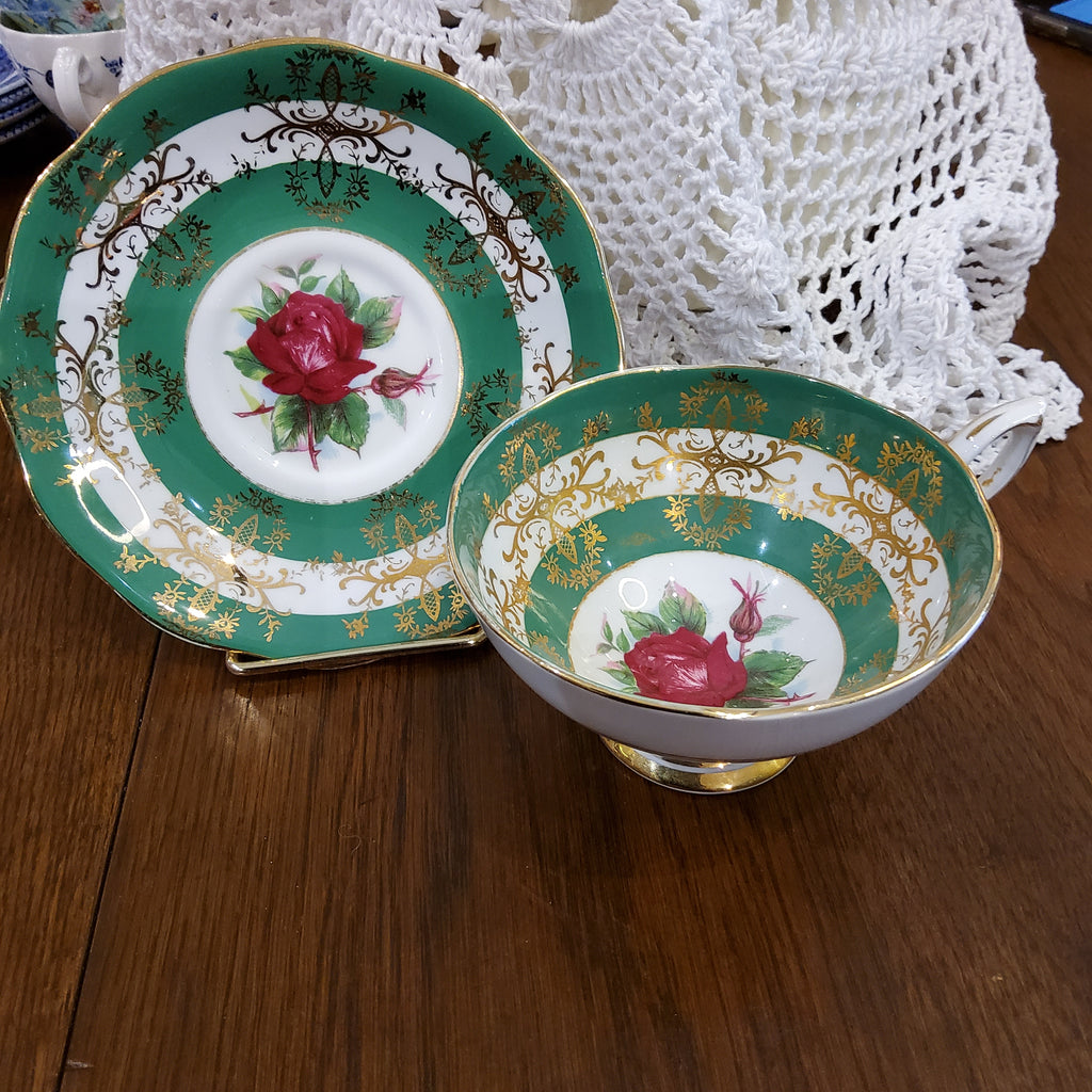 Royal Standard Fine Bone China Tea Cup & Saucer (Green & Gold Scroll with Rose Center)