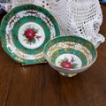 Royal Standard Fine Bone China Tea Cup & Saucer (Green & Gold Scroll with Rose Center)
