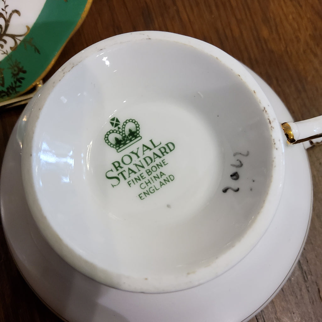 Royal Standard Fine Bone China Tea Cup & Saucer (Green & Gold Scroll with Rose Center)