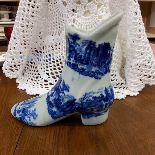 Blue & White Transferware Porcelain Boot