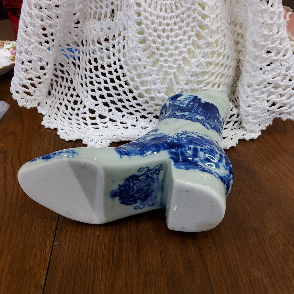 Blue & White Transferware Porcelain Boot