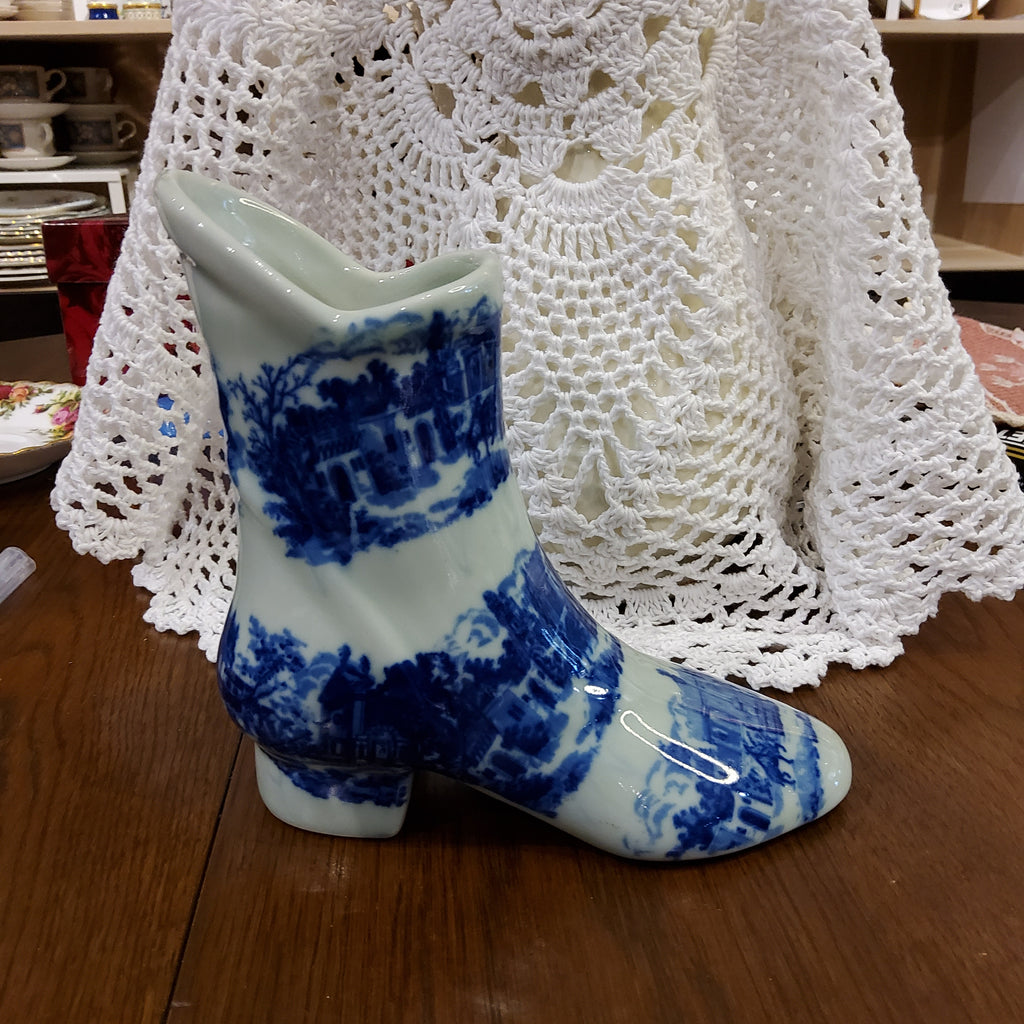 Blue & White Transferware Porcelain Boot
