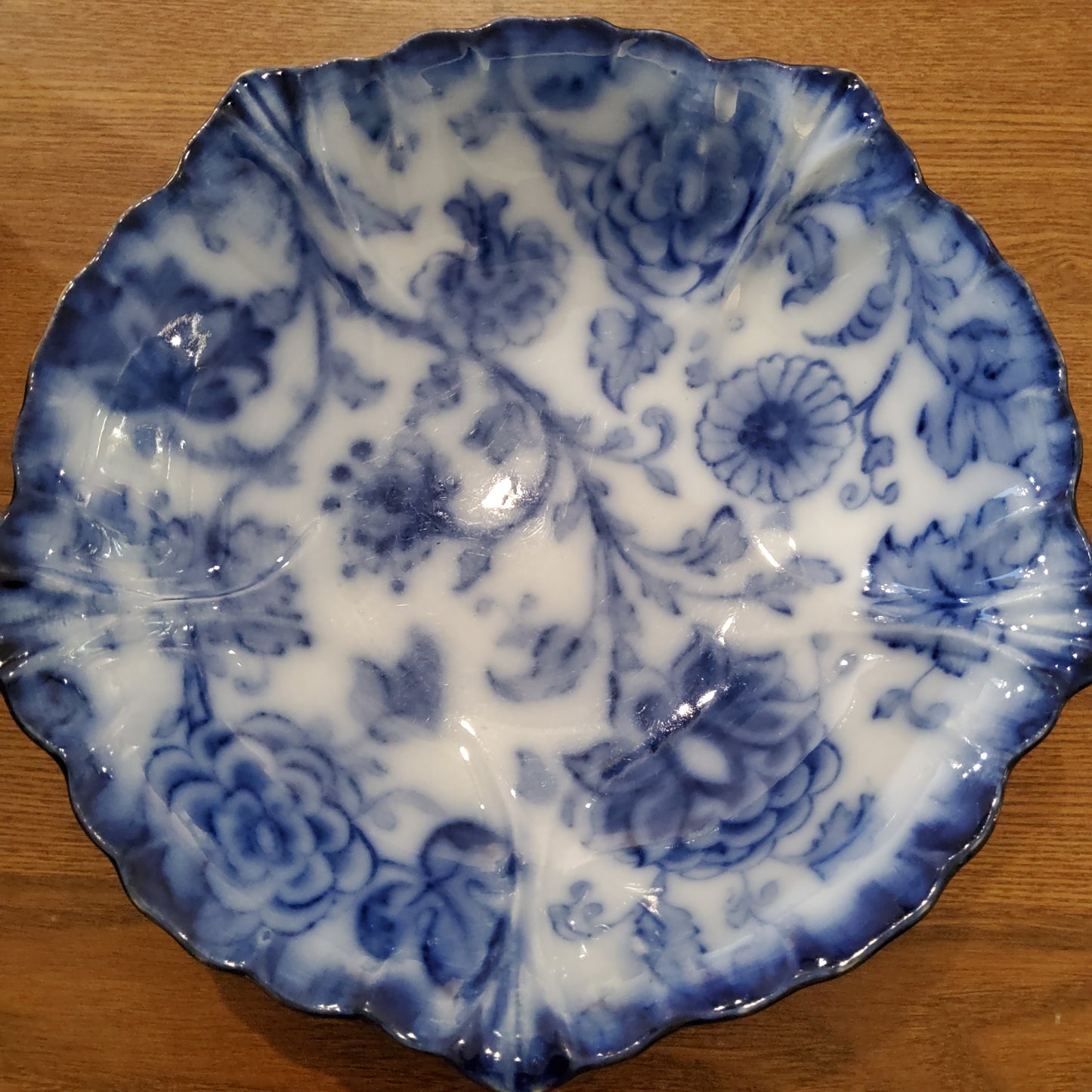 c1885 Flow Blue Warick antique  Classic Blue and white floral patterned shallow bowl