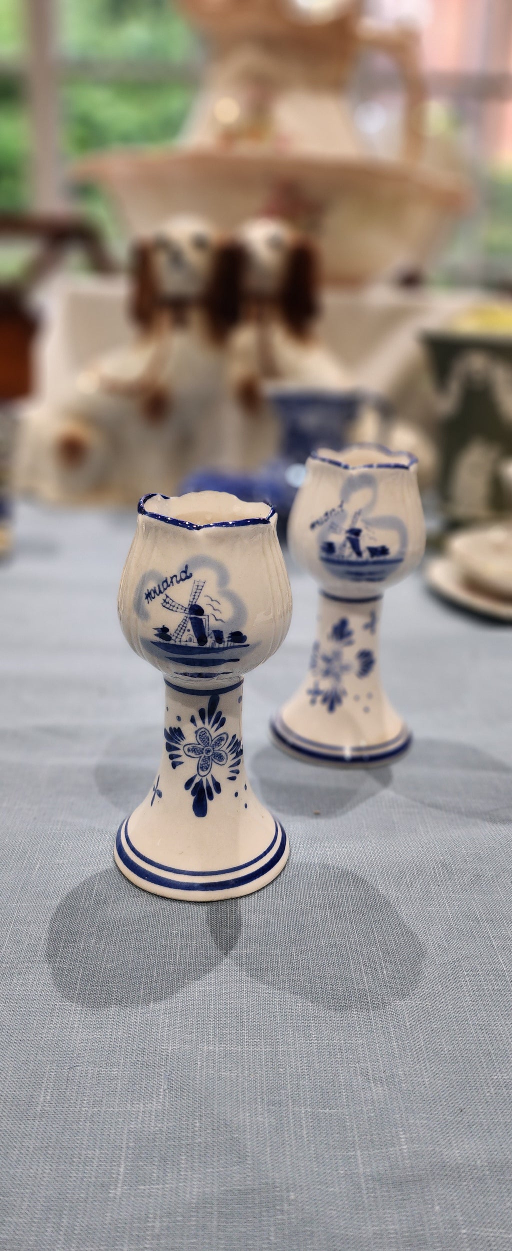 Vintage Delft Blue Tulip Candlestick Candle Holders Windmills Set of 2 Porcelain