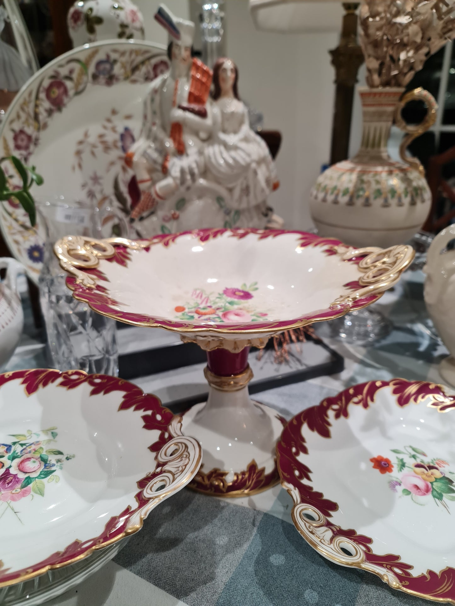 19th Century hand painted flora gilt handle Compote /tazza