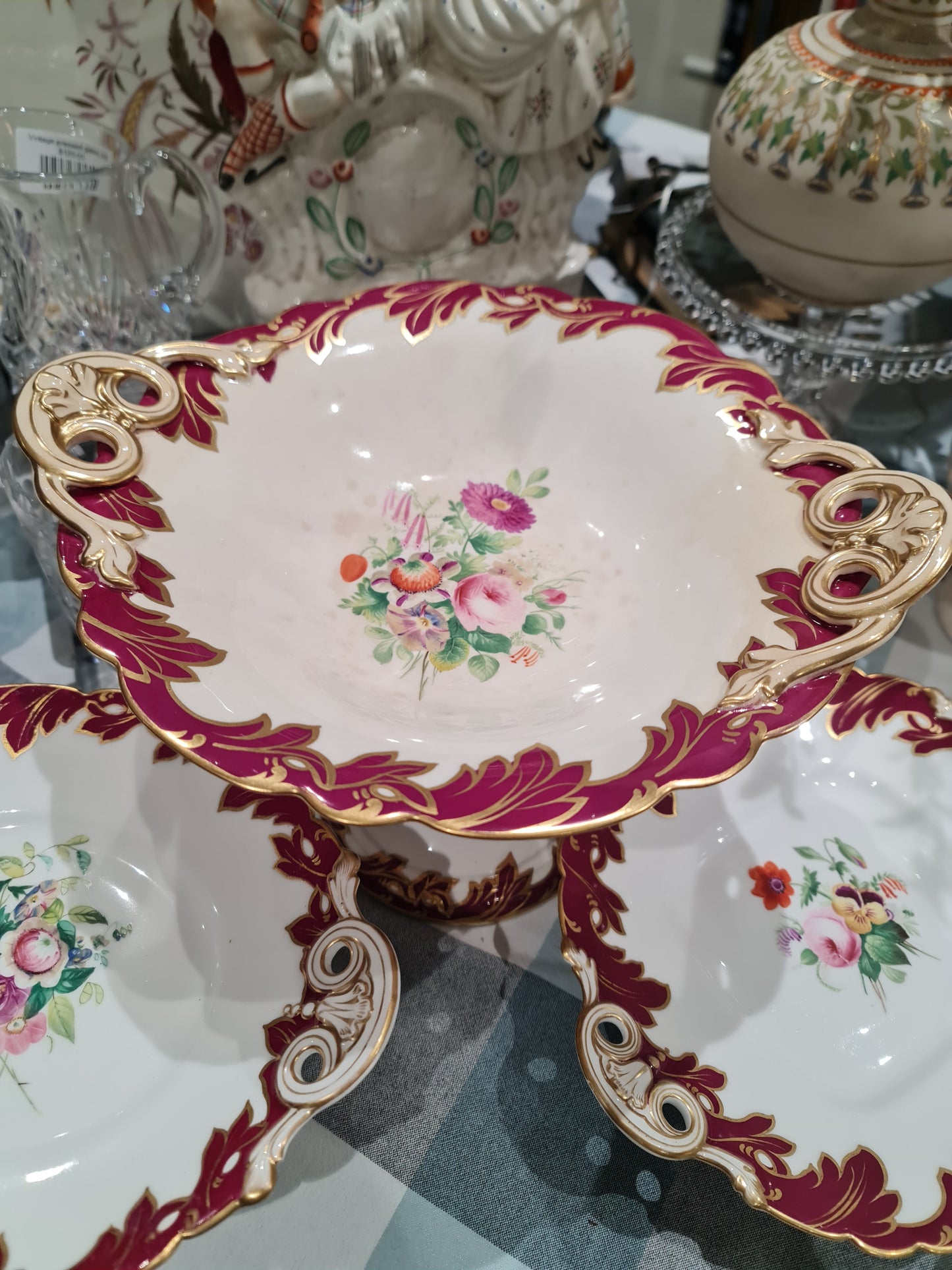 19th Century hand painted flora gilt handle Compote /tazza