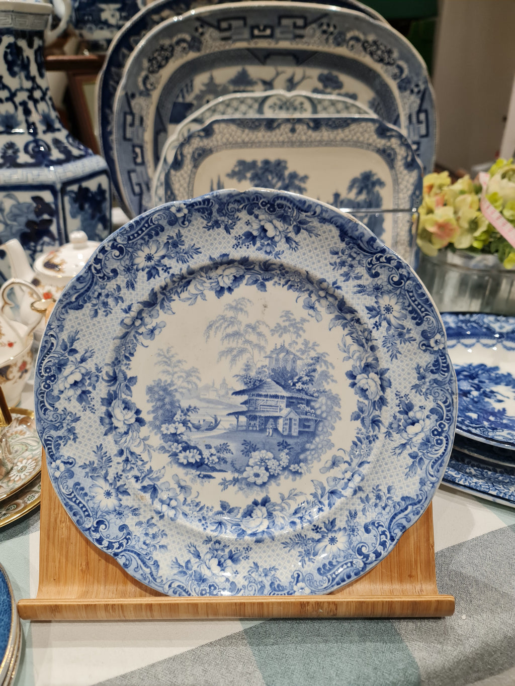 Georgian Ceramics, Antique Dinner Plate, Blue and White, , Montes Pyrenenses, Oriental Pattern, Chinoiserie, Decorative