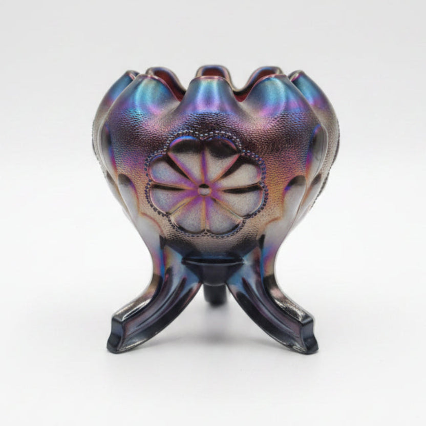 Northwood 'Daisy and Plume' Amethyst Carnival Glass 3 Footed Rose Bowl